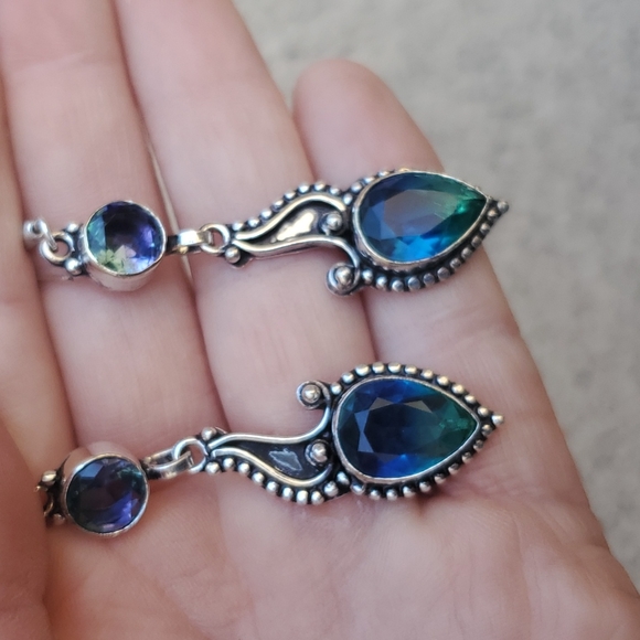 New Bi-Color Tourmaline & Blue Topaz 925 Silver Earrings. - Picture 5 of 15